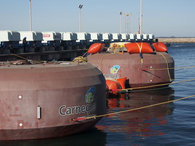 Two Carnegie Wave Energy CETO units being prepared for towing during the Perth Wave Energy Project.