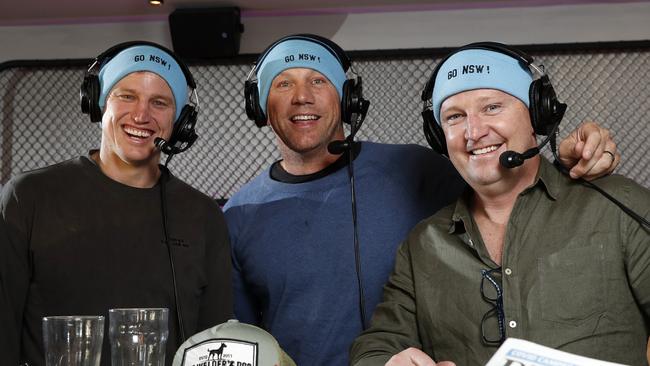 Brett Finch, Bryan Fletcher and Joel Caine show their support with the Go NSW beanies. Picture: Jonathan Ng