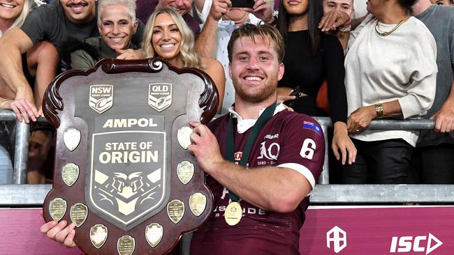 Cameron Munster with the State of Origin shield. Picture: Getty Images