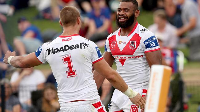 Mikaele Ravalawa celebrates a try with Zac Lomax. Picture: Shane Myers/NRL Photos