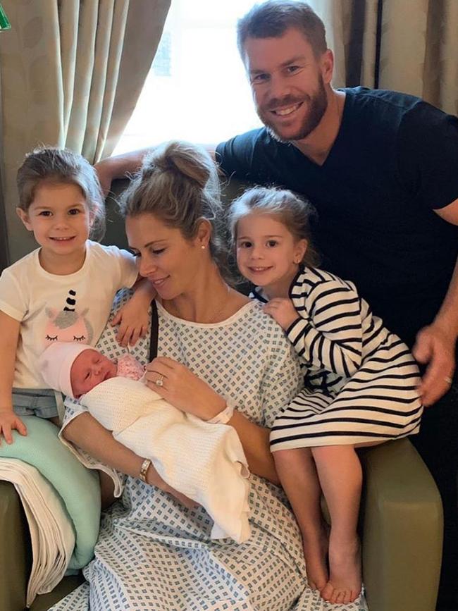 Candice and David Warner with children India Rae, Ivy Mae and baby daughter, Isla Rose Warner.