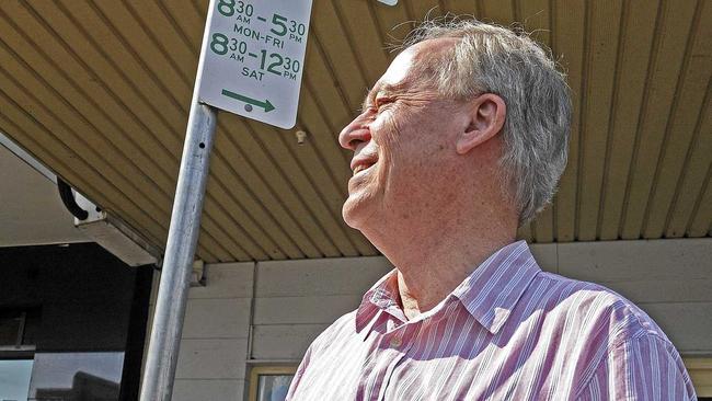 Prince St businessman and Grafton Chamber of Commerce member Des Harvey recreates a photo which appeared in The Daily Examiner 50 years ago today of then-Grafton Chamber of Commerce president Mr. W. R. Liddiard when two-hour parking was introduced to Prince St for the first time.Photo Bill North / Daily Examiner. Picture: Bill North