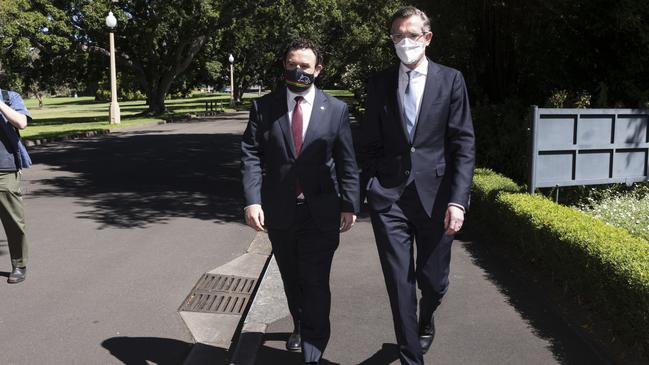 NSW Premier Dominic Perrottet (R) and his new deputy Stuart Ayres arrive for the swearing-in. Picture: Getty Images