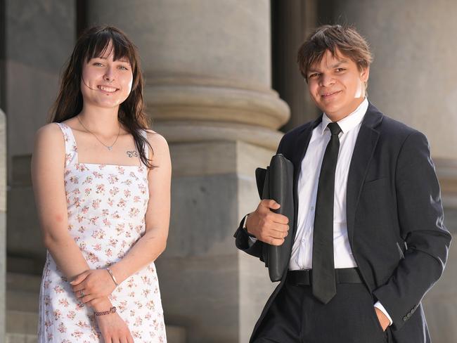 On the steps of Parliament House, 2024 Teen Parliament scholarship winners Denzel James and Chloe Wyatt-Jasper, helping to launch applications for the 2025 event. 21 January 2025. Picture: Dean Martin