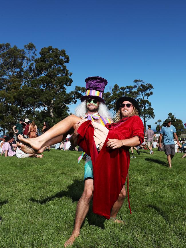 Matt Wall, left, and Ryan Grenfell, from Mandurah, Western Australia, dressed up ready to go at Falls. Picture: NIKKI DAVIS-JONES
