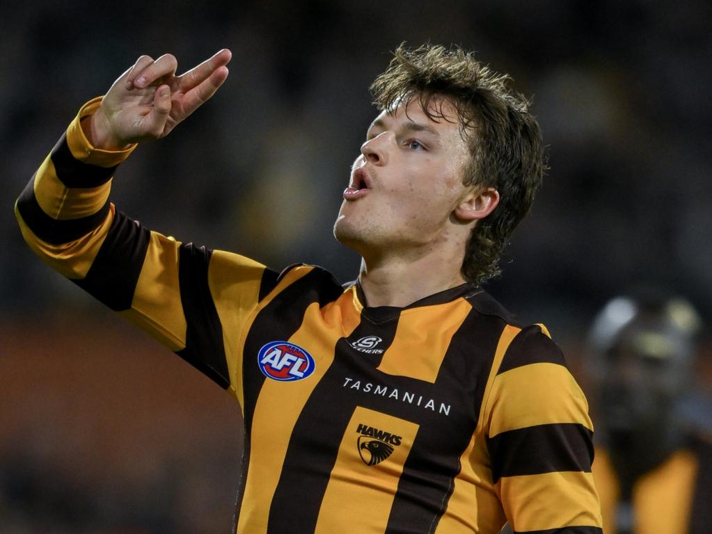 ADELAIDE, AUSTRALIA - SEPTEMBER 13: Jack Ginnivan of the Hawks celebrates a goal during the AFL Second Semi Final match between Port Adelaide Power and Hawthorn Hawks at Adelaide Oval, on September 13, 2024, in Adelaide, Australia. (Photo by Mark Brake/Getty Images)