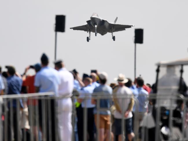 The new F-35 Joint Strike Fighter arrives at the Avalon airshow. Picture: AAP