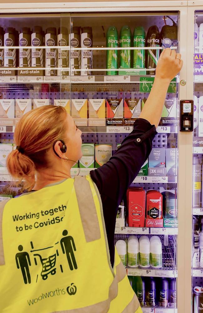 Woolworths employees can help customers access aerosol deodorants and increase public safety. Picture: Woolworths