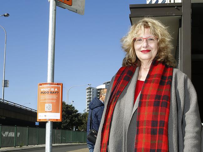 Waverley Mayor Paula Masselos  with the new PUDO Zone. Waverley Council is installing 10 new kerbside pick-up/drop-off (PUDO) bays across Waverley in a trial initiative aimed at increasing pedestrian and motorist safety and access to transport links and shared transportation. Pictutre: John Appleyard