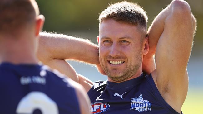 Liam Shiels will play his 288th and final game against his former Hawthorn in Launceston on Saturday. Picture: Daniel Pockett / Getty Images