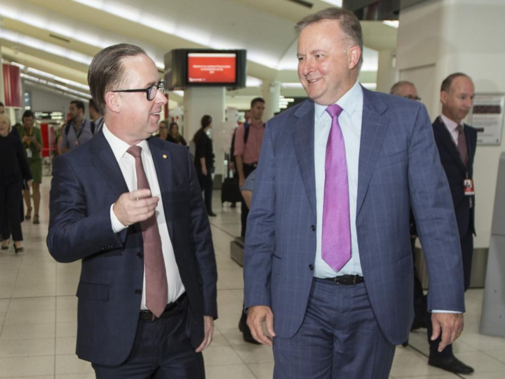 Alan Joyce and Anthony Albanese share a laugh as Qantas launches its first direct Perth to London flight. Picture: Ross Swanborough