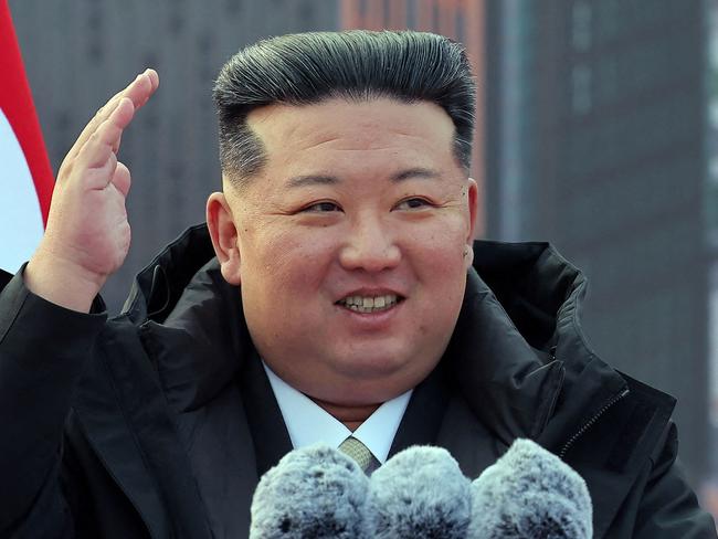 This picture taken on February 16, 2025 and released from North Korea's official Korean Central News Agency (KCNA) via KNS on February 17, 2025 shows North Korean leader Kim Jong Un delivering speech during a groundbreaking ceremony for building 10,000 flats at the fourth stage in the Hwasong district of Pyongyang. (Photo by KCNA VIA KNS / AFP) / South Korea OUT / ---EDITORS NOTE--- RESTRICTED TO EDITORIAL USE - MANDATORY CREDIT 