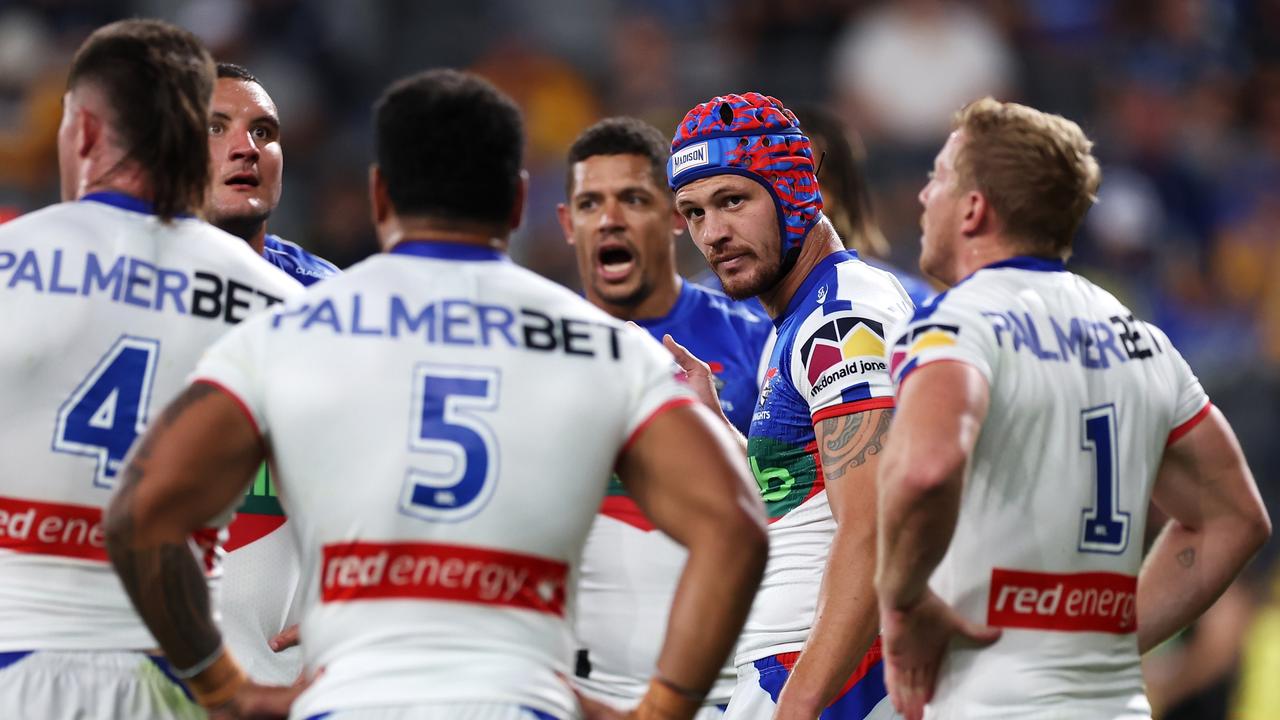 SYDNEY, AUSTRALIA - APRIL 28: Kurt Mann of the Knights looks dejected after a try during the round nine NRL match between Parramatta Eels and Newcastle Knights at CommBank Stadium on April 28, 2023 in Sydney, Australia. (Photo by Mark Kolbe/Getty Images)