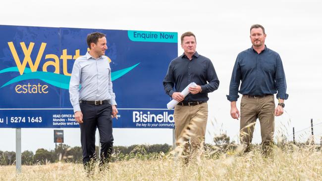 Bisinella Developments director Richard Bisinella, left, pictured Mark Wellam and Jamie Forssman at the site of another planned estate at Corio.