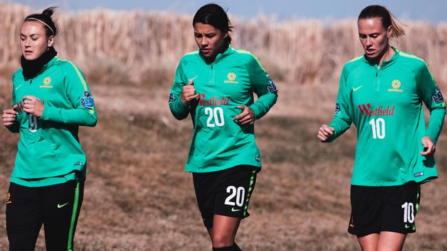 Matildas stars (l-r) Caitlyn Foord, Sam Kerr and Emily van Egmond all play in the US. Picture: Rachel Bach.