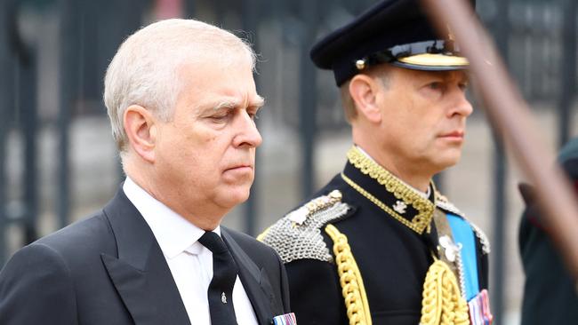 LONDON, ENGLAND - SEPTEMBER 19: Prince Andrew and Prince Edward attend the state funeral and burial of Queen Elizabeth at Westminster Abbey on September 19, 2022 in London, England. /(Photo by Hannah McKay - WPA Pool/Getty Images)