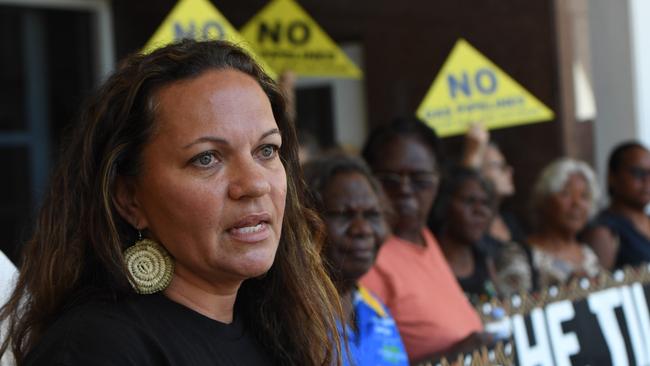 Antonia Burke speaks on the steps of Darwin Supreme Court as her people try to block Santos in the Federal Court. Picture: (A)manda Parkinson