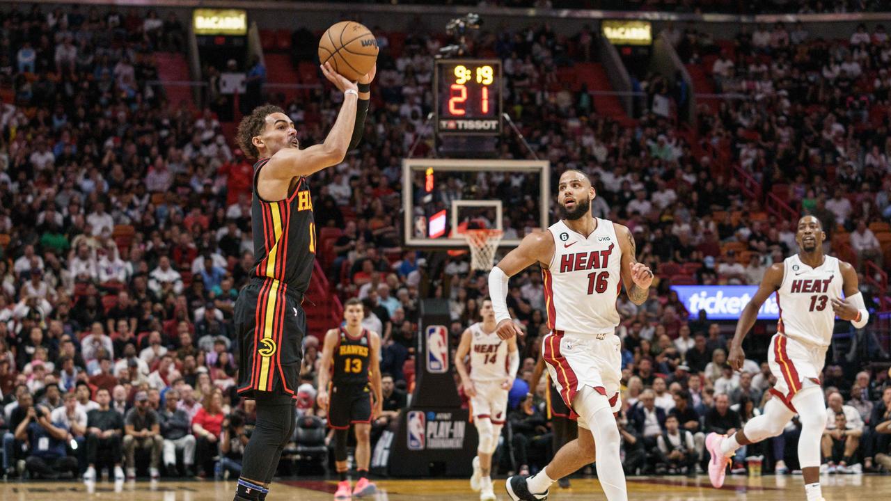 Trae Young #11 of the Atlanta Hawks shoots in the second quarter against the Miami Heat at Kaseya Center on April 11, 2023 in Miami, Florida.