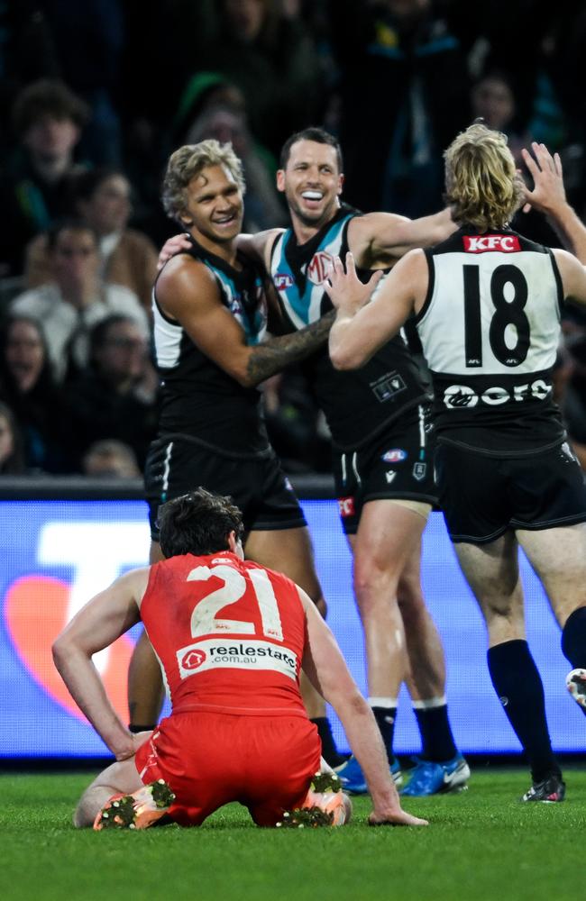 Travis Boak of the Power celebrates a goal. (Photo by Mark Brake/Getty Images)