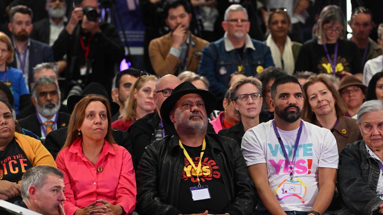 Yes23 spokespeople Rachel Perkins, Noel Pearson and Dean Parkin had a front-row seat to the rally. Picture: NCA NewsWire / Brenton Edwards