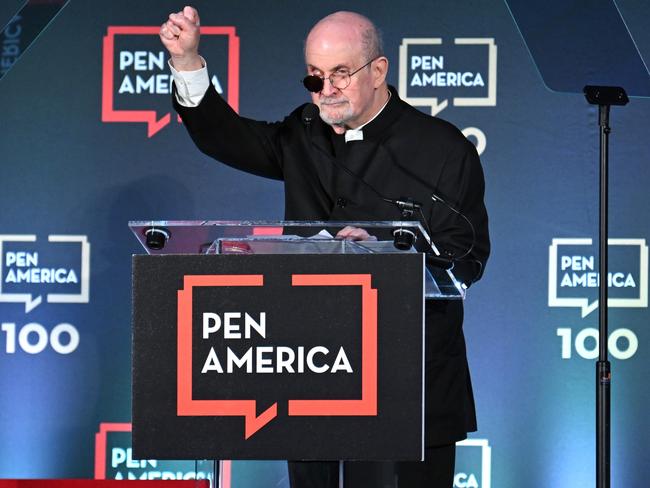 Honoree Salman Rushdie speaks on stage for the first time since losing an eye. Picture: Bryan Bedder/Getty Images for PEN America