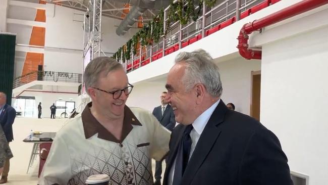 Anthony Albanese jokes with US Deputy Secretary of State Kurt Campbell on the sidelines of the 53rd Pacific Islands Forum.