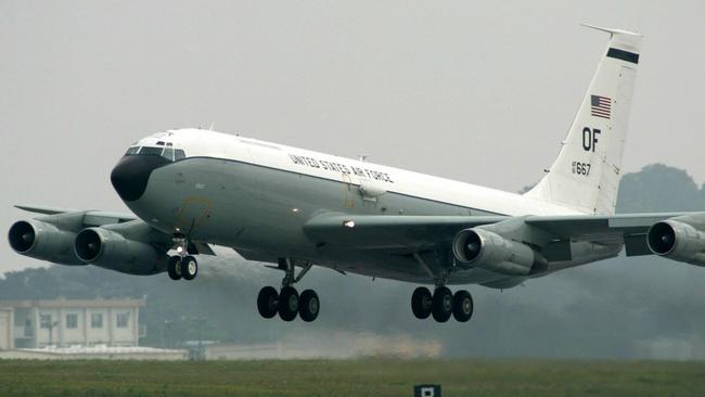 The adapted WC-135 sniffer plane sucks in gases through scoops ion its side for on board crew to analyse.