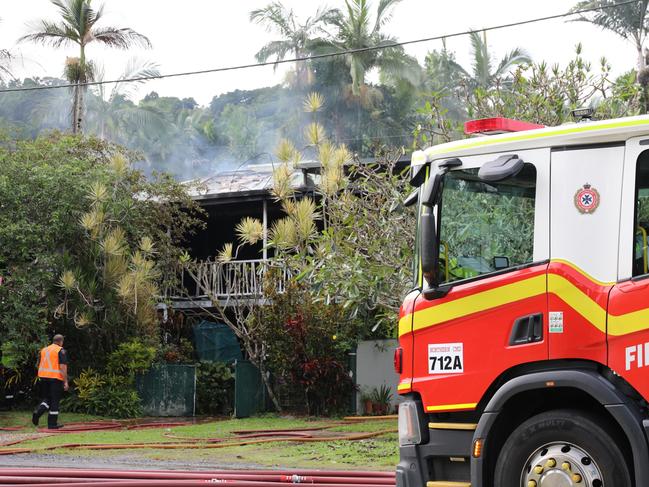 As flames spread across the two storey Queenslander three members of the public rescued the family inside. Station officer at Cairns Fire Station Dan Stowers confirmed everyone involved were safe and accounted for. Photo Tim Little.