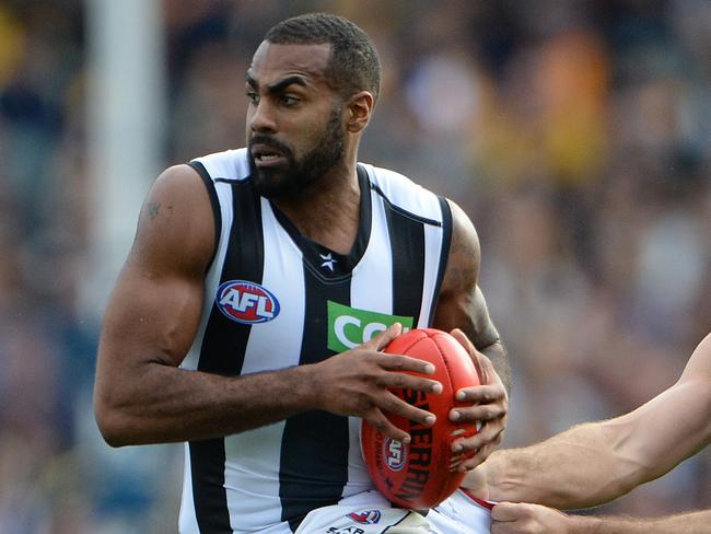 AFL Round 20 - West Coast Eagles vs Collingwood Pies at Patersons Stadium, Perth. Photo by Daniel Wilkins. PICTURED- Collingwood's Heritier Lumumba is tackled by Eagle Jamie Cripps.