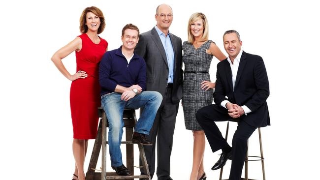 Denyer (second from left) with fellow Sunrise hosts Natalie Barr, David Koch, Melissa Doyle and Mark Beretta.