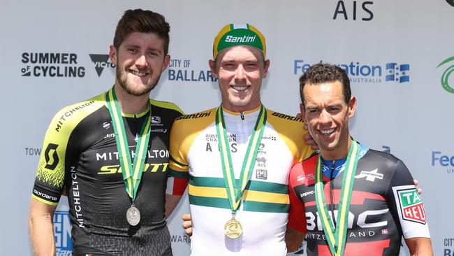 Richie Porte (right) after finishing third behind Rohan Dennis (middle) and Luke Durbridge (left) in the time trial at the Road Nationals in Buninyong near Ballarat last week. Picture: CON CHRONIS