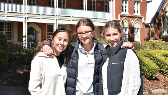 Aahyah Selby, Page Lehane, and Amelia Doherty at Grammar Downlands Day, Saturday, August 19, 2023. Picture: Peta McEachern