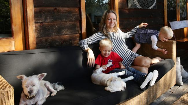 Milson’s Passage Airbnb host Susan Vincent-Billing with her children Leo, 3, and Olympia, 1, who could be impacted by changes or implementation of the short term letting strata and planning laws. Picture: Sue Graham