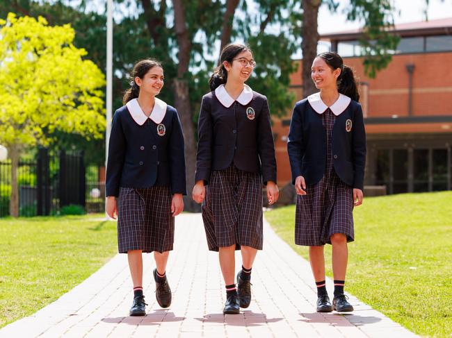 Tangara School for Girls Year 9 students Merryn O’Neill, 15, Grace Cabela, 14, and Francesca Lorenzo, 15, say they’re grateful for the sense of community they get from attending a single-sex school. Picture: Justin Lloyd