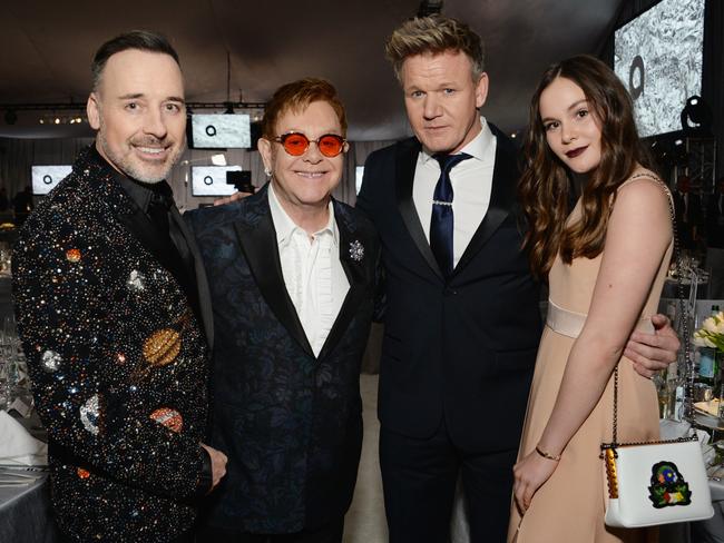 David Furnish, Elton John, Gordon Ramsay, and Holly Ramsay attend the 25th Annual Elton John AIDS Foundation’s Academy Awards Viewing Party at The City of West Hollywood Park on February 26, 2017 in West Hollywood, California. Picture: Getty