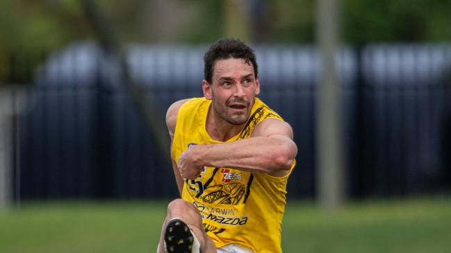 Nightcliff's John Butcher kicks a goal against St Mary's in Round 10 of the 2023-24 NTFL season. Picture: Pema Tamang Pakhrin