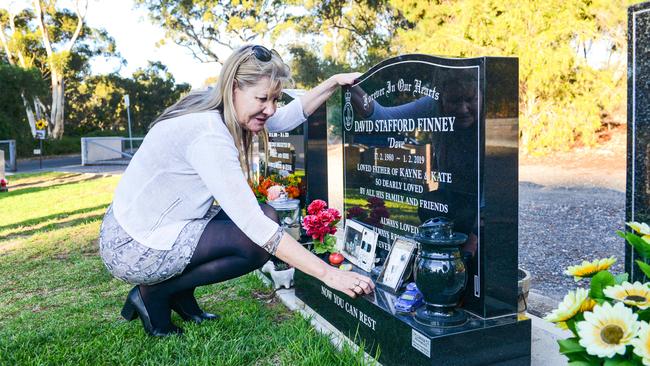 Julie-Ann Finney visited the grave of her son Dave at the Golden Grove Cemetery after the Prime Minister announced a Royal Commission into veteran suicides. Picture: NCA NewsWire / Brenton Edwards