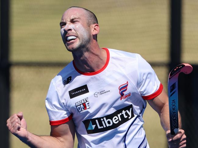 Landon Morley playing for the Adelaide Fire in the 2024 Hockey One series against Tassie Tigers. Picture: David Mariuz/Hockey Australia