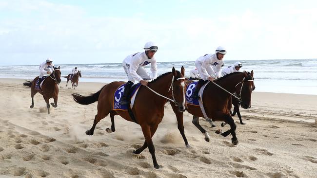 Jockeys race during the 2022 Magic Millions Barrier Draw in Surfers Paradise. Picture: Chris Hyde/Getty Images