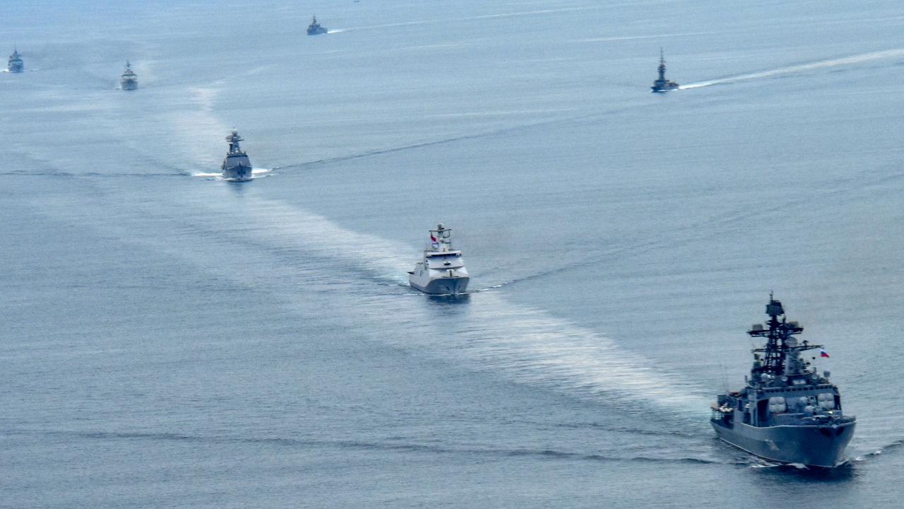 The Russian destroyer Admiral Panteleyev (R) and other ASEAN countries' ships off the waters of Andaman during a joint exercise between the Indonesian Navy, the Russian Navy and Association of Southeast Asian Nations on Dec 1, 2021. Picture: INDONESIAN FLEET COMMAND KOARMADA I / AFP.