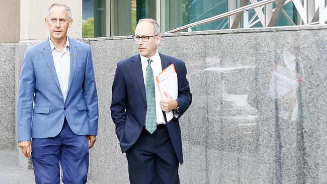 The Bob Brown Foundation filed an appeal against a prohibition notice against forest protests. (L-R) Bob Brown, Roland Browne outside the Magistrates Court, Hobart. Picture: MATT THOMPSON