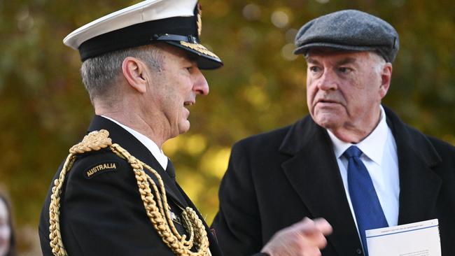 Australiand next defence chief, Vice Admiral David Johnston with former defence minister Kim Beazley during the Dawn Service at the Australian War Memorial in Canberra. Picture: NCA NewsWire / Martin Ollman