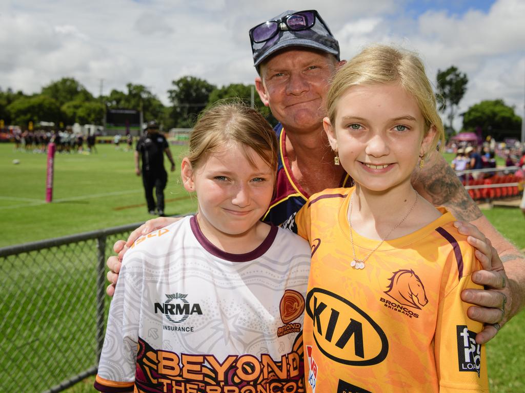 Michael Terelinck with Abbigayle Gibson (left) and Mia Terelinck at the Brisbane Broncos Captain's Run and Toowoomba Fan Day at Toowoomba Sports Ground, Saturday, February 15, 2025. Picture: Kevin Farmer