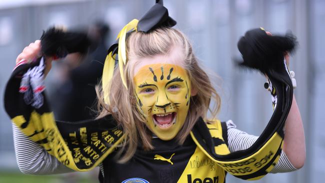 Young Tiger fan Koa, 7, roars ahead of the Grand Final. Picture: Alex Coppel