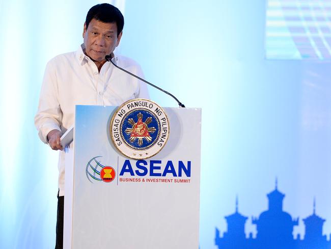 Philippine President Rodrigo Duterte delivers his address during the Association of Southeast Asian Nations (ASEAN) Business and Investment Summit in Vientiane.