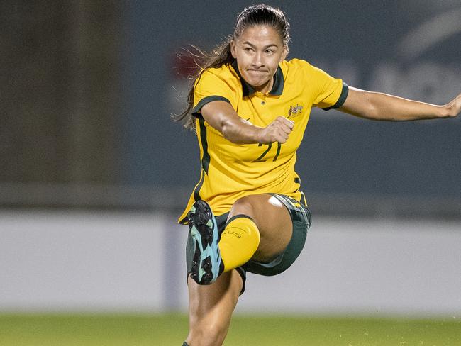 Angela Beard for the Matildas against Ireland in 2021. Picture: Tim Clayton/Corbis via Getty Images