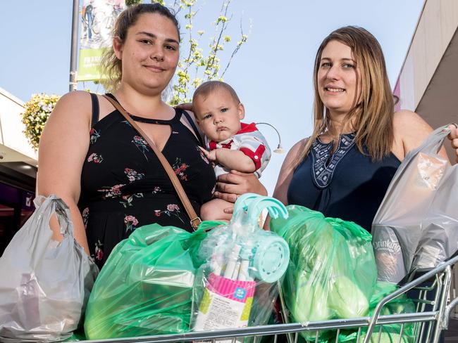 Plastic bag ban vox pop, Frankston. Renee Hampton, son Sebastian, 8 months and sister Nicole Hampton.Picture: Jake Nowakowski