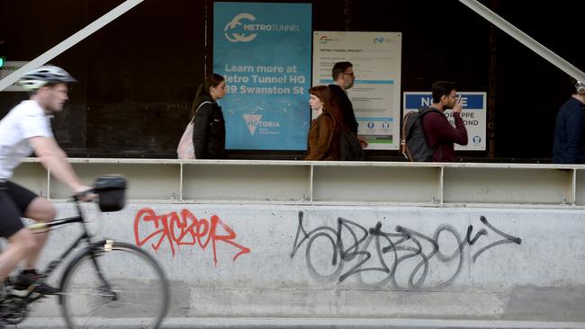 Graffiti along Swanston Street making Melbourne look shabby. Picture: Andrew Henshaw