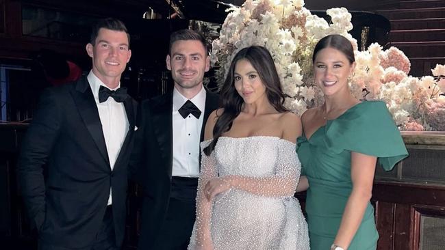 Jaeger O’Meara (far left) and his girlfriend Tory Packer (far right) at Stephen Coniglio and Rebecca Demlakian’s wedding in Sydney on Saturday night.