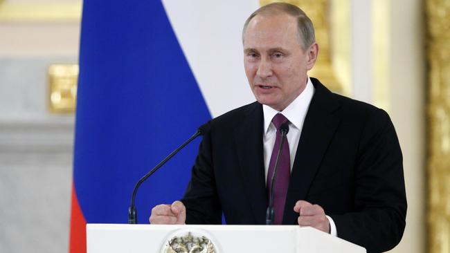 Russian President Vladimir Putin speaks at the Kremlin, in Moscow, Russia, Wednesday.